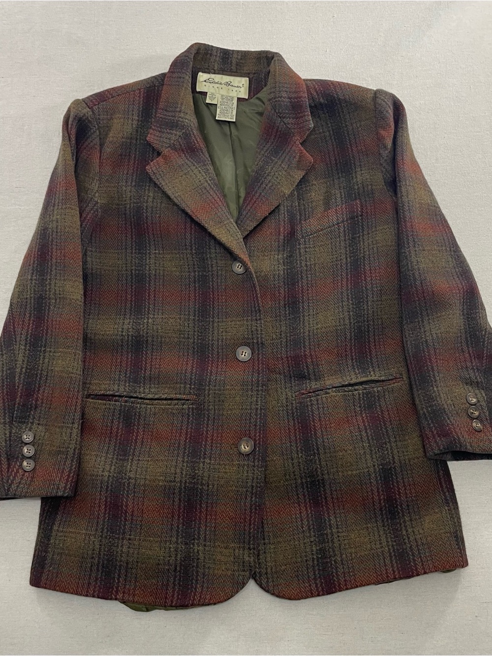 Eddie Bauer Blazer Jacket Womens M Tall Brown Green Wool Plaid Tweed